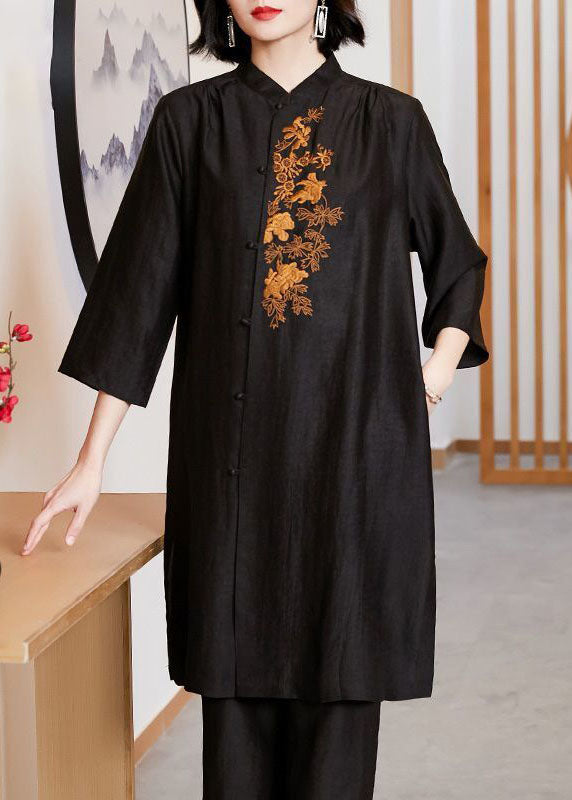 Art Black Stand Collarembroideried Silk Long Tops Bracelet Sleeve