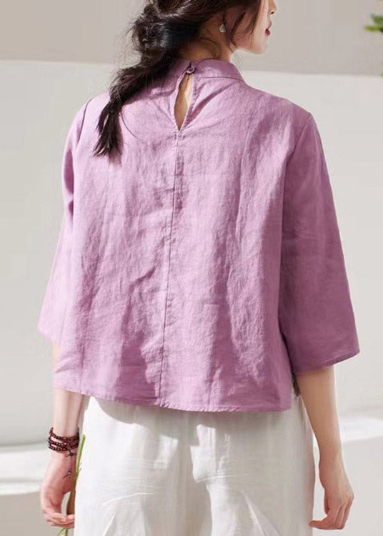 Purple Stand Collar Embroideried Button Linen Shirt Long Sleeve