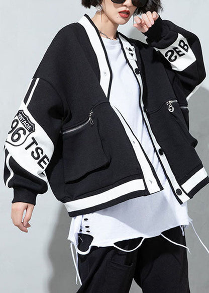 Black V Neck Patchwork Button Coat Spring