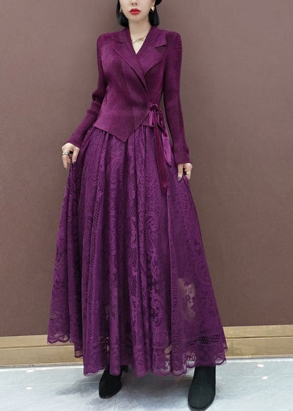 Fitted Purple Tie Waist Peter Pan Collar Knit Tops Lace Skirts Sets Two Pieces Spring