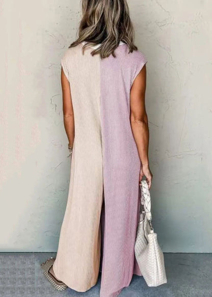 Pink Pockets Patchwork Cotton Jumpsuit Sleeveless
