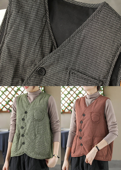 Black V Neck Plaid Pockets Fine Cotton Filled Vest Sleeveless