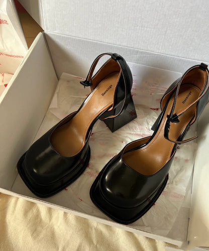 Black Chunky High Heels Faux Leather Stylish Splicing Buckle Strap