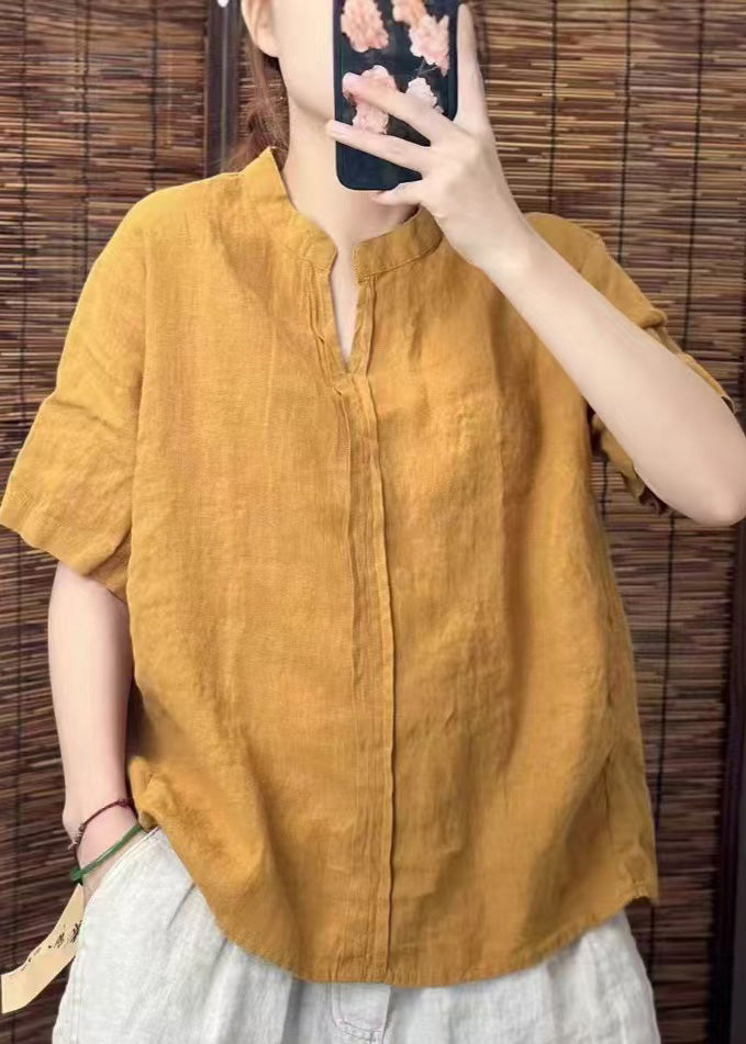 Yellow V Neck Patchwork Linen Shirts Summer