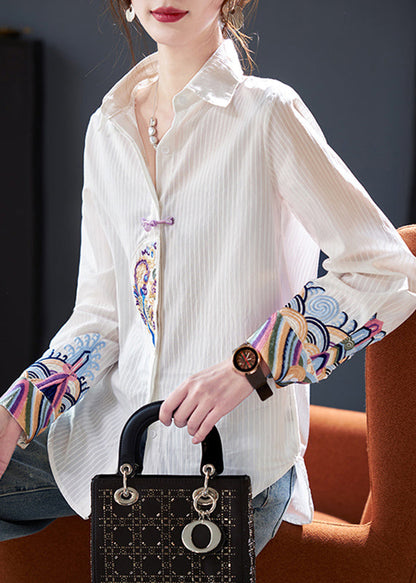 Striped White Peter Pan Collar Embroidered Cotton Blouses Fall