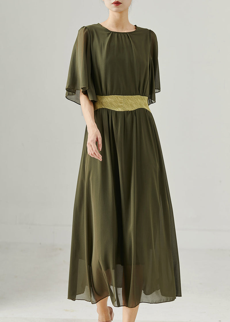 Army Green Exra Large Hem Draping Chiffon Long Dress Summer