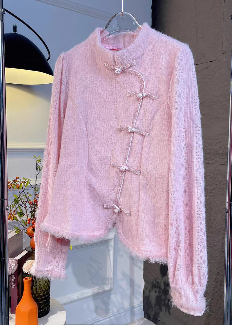French Pink Stand Collar Button Knit Shirt Spring