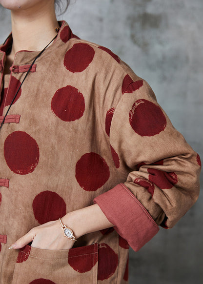 Orange Print Chinese Button Fine Cotton Filled Coat Winter