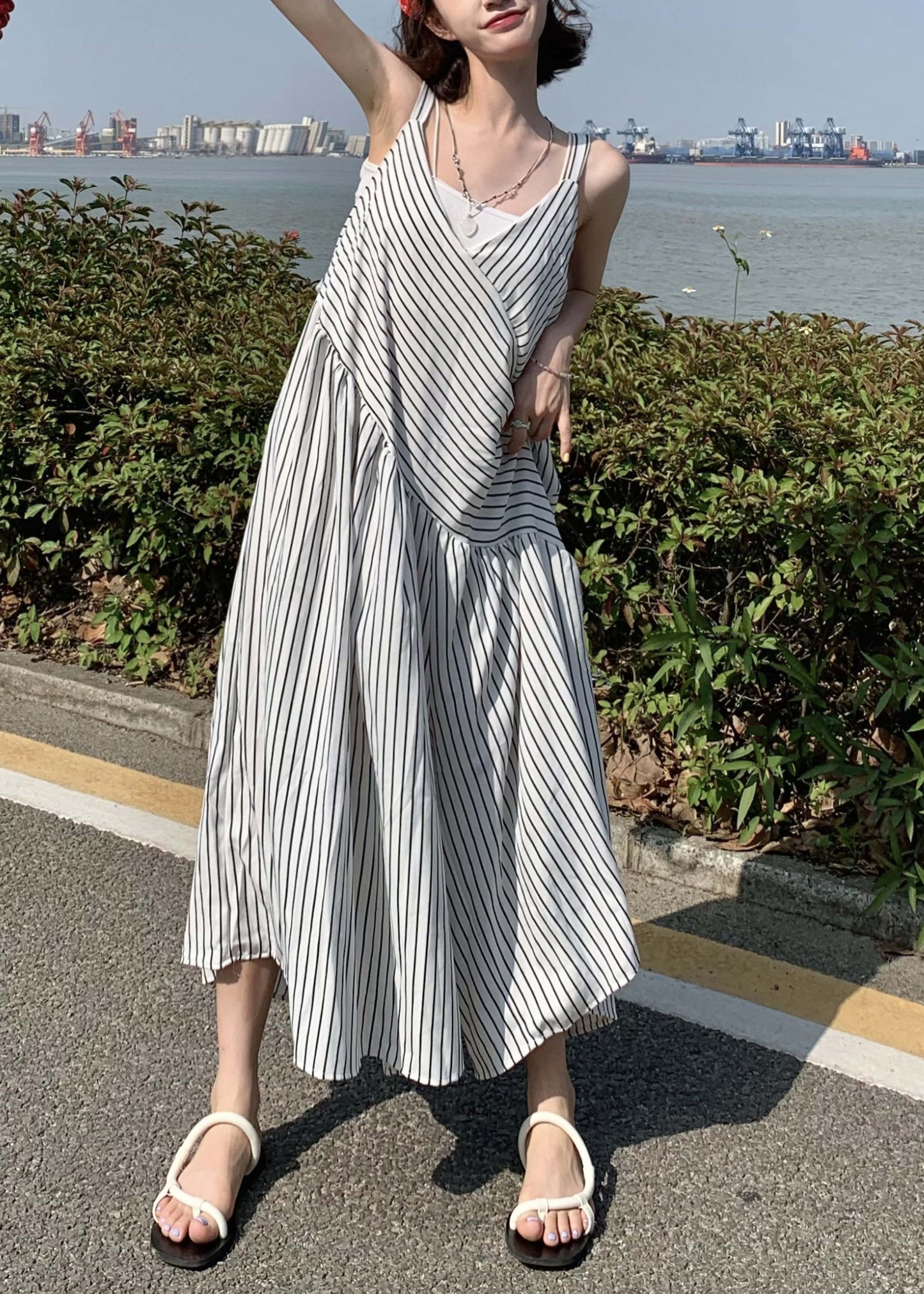 Original Design White V Neck Striped Cotton Jumpsuit Pants Sleeveless