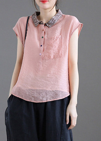 Pink Peter Pan Collar Patchwork Button Linen Short Sleeve