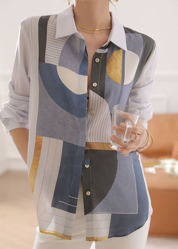 White Print Button Patchwork Silk Shirt Tops Spring