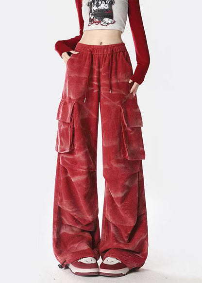 Spring Red Tie Dyed Pocket Corduroy Straight Pants