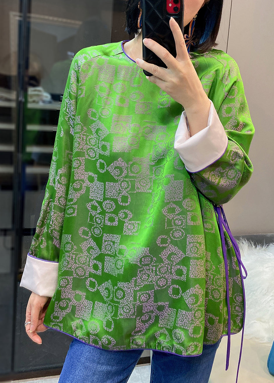 Green O-neck Tie Waist Patchwork Jacquard Silk Shirts Long Sleeve