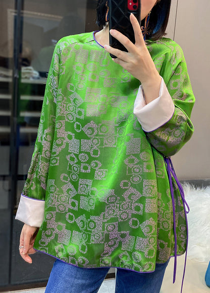 Green O-neck Tie Waist Patchwork Jacquard Silk Shirts Long Sleeve