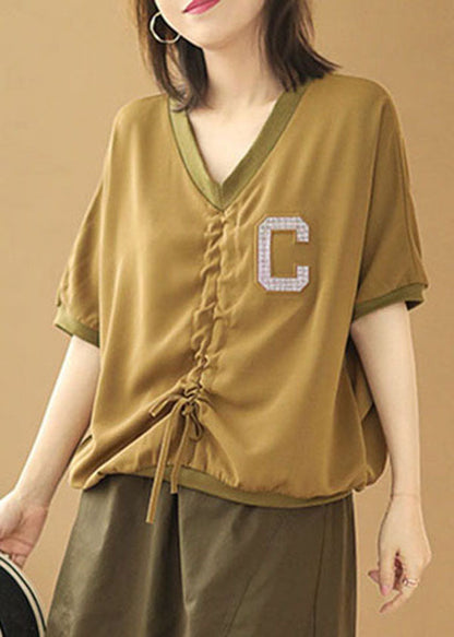 Khaki V Neck Drawstring Letter Blouse Tops Short Sleeve