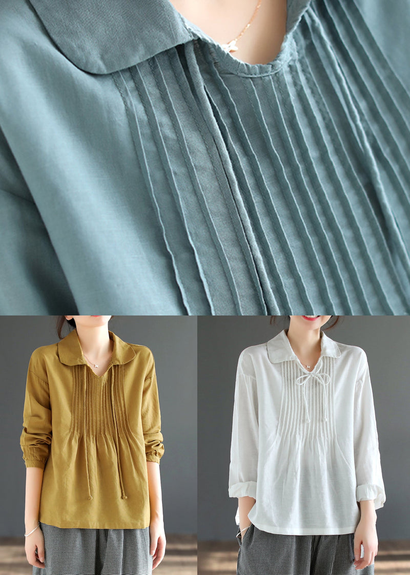 Yellow Lace Up Patchwork Cotton Blouses Peter Pan Collar Fall