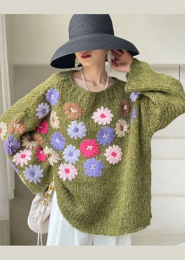 Green Embroideried Knit Sweaters Winter
