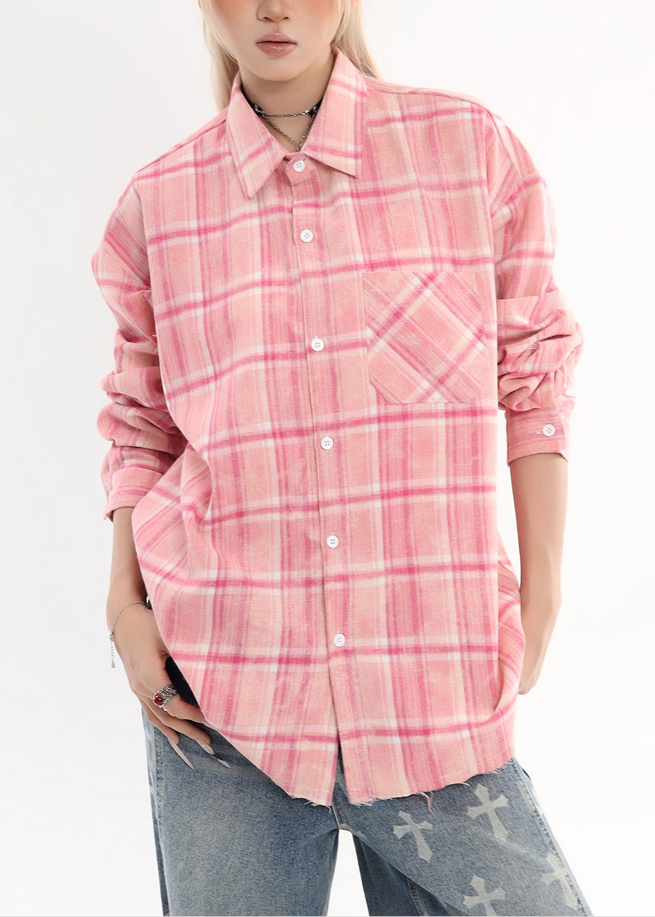 Pink Oversized Plaid Cotton Shirt Tops Spring