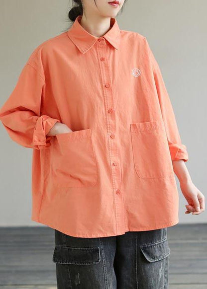 French Lapel Pockets Spring Clothes for Photography Orange Smiling Face Shirts