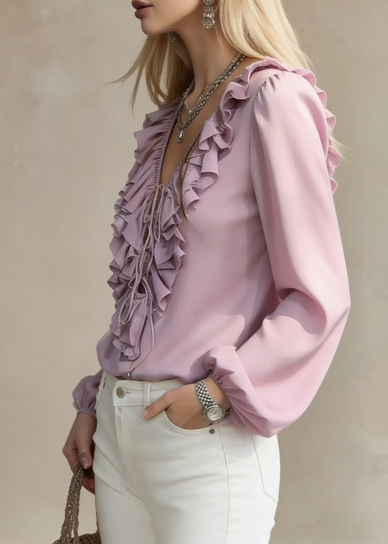 Purple Ruffled Lace Up Chiffon Blouses V Neck Lantern Sleeve Spring