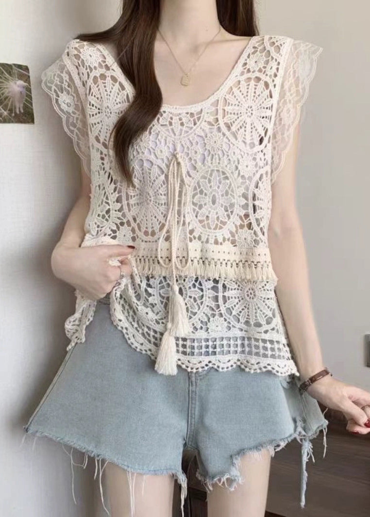 Apricot O-neck Tassel Lace Tank Summer
