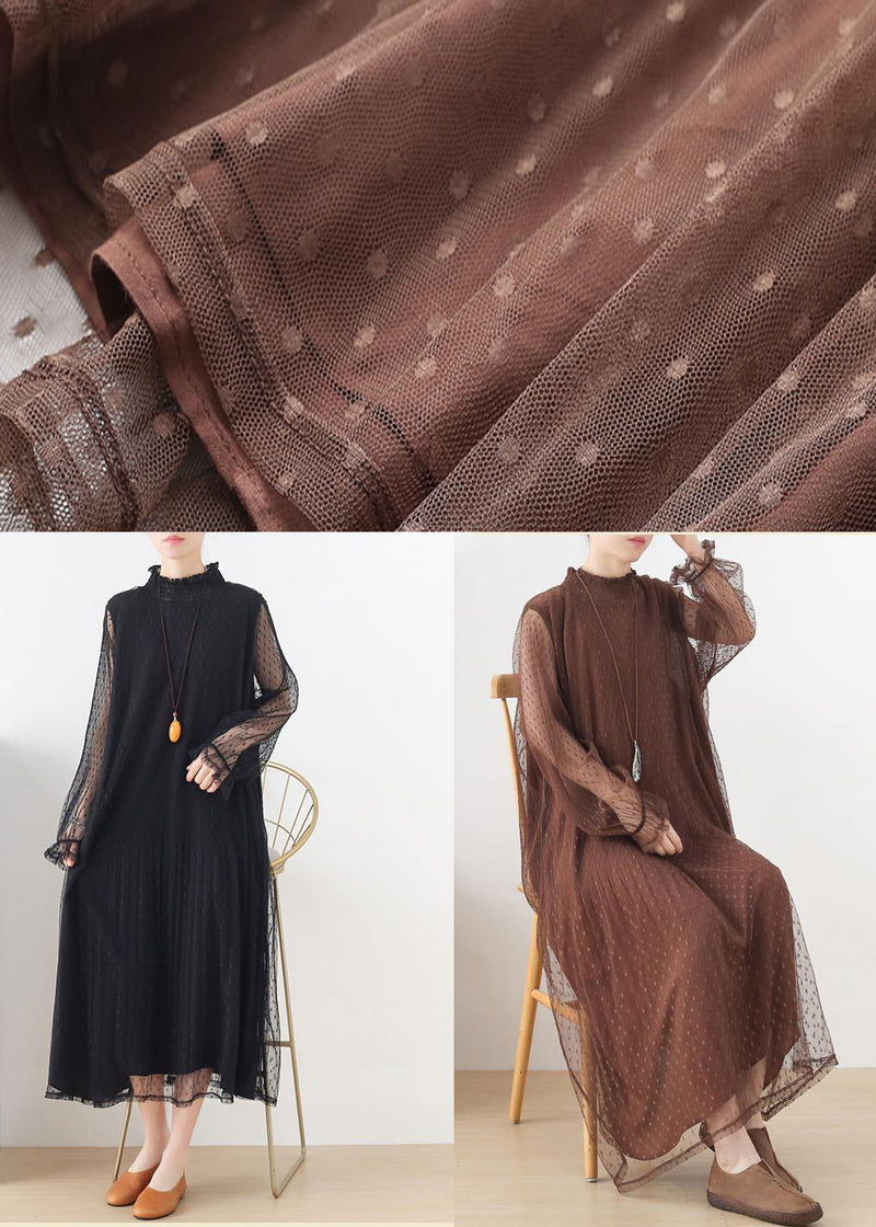 Black Stand Long Sleeve Ankle Summer Chiffon Dress