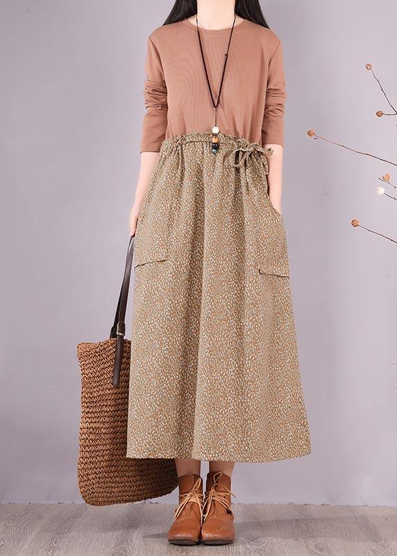 Handmade Khaki Patchwork Print Tunics for O Neck Spring Dress