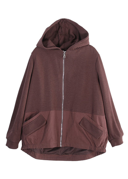 Chocolate Zippered Patchwork Low High Design Hooded Coats Long Sleeve