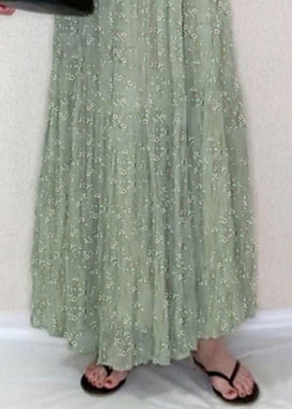 Green O-neck Ruffled Print Holiday Long Dress Summer