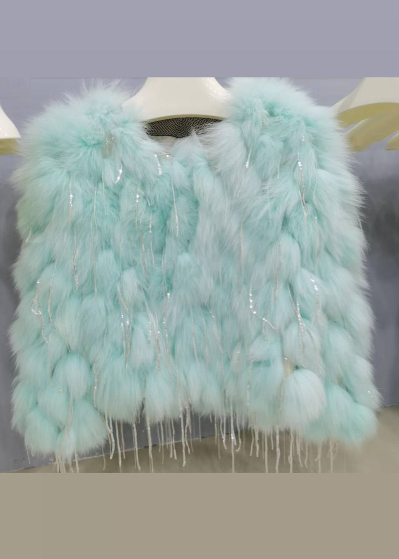 Green Tasseled Original Design Leather and Fur Coats Spring