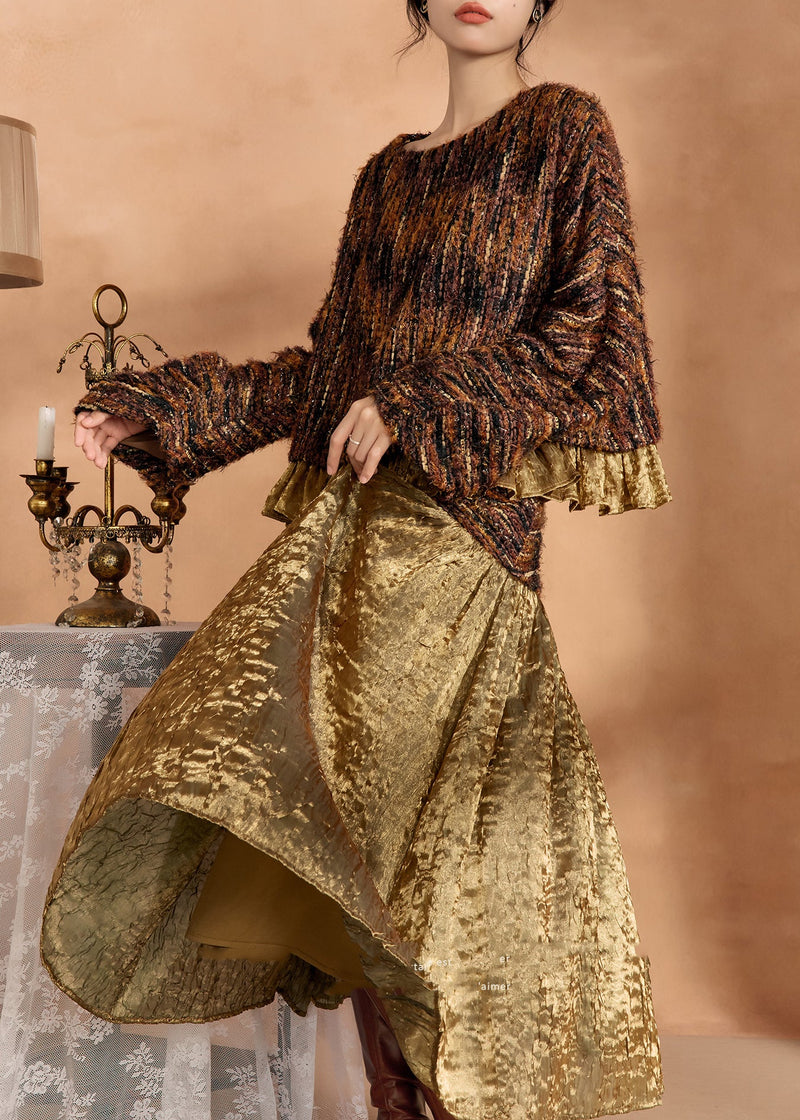 Brown Knit Sweaters and Silk Skirts Two Pieces Set Fall