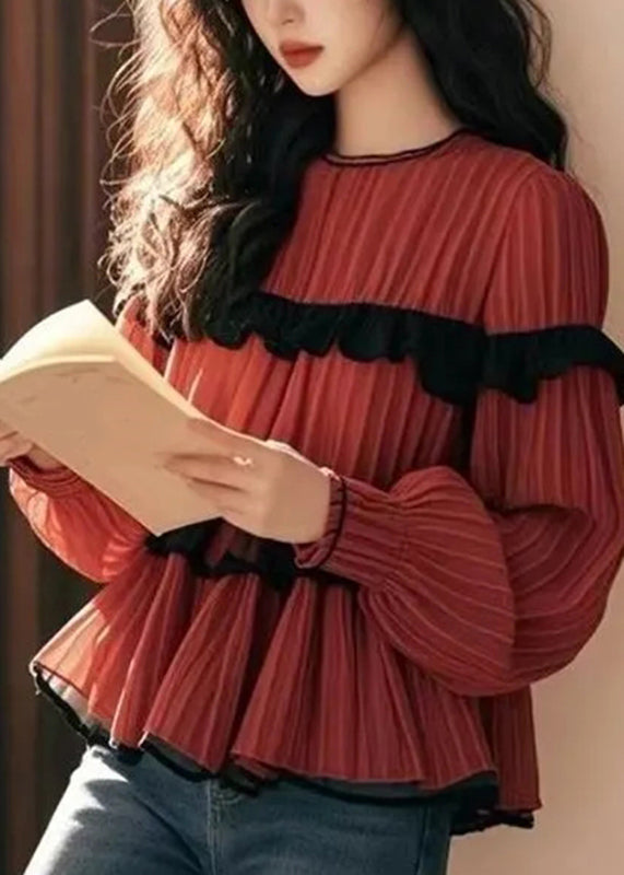 Red Ruffled Patchwork Chiffon Shirts Fall