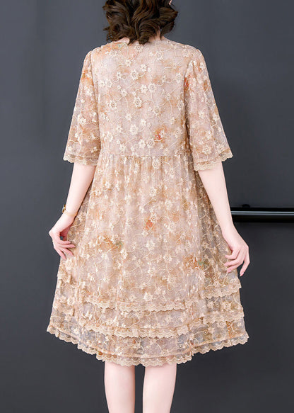 Apricot Embroideried Patchwork Lace a Line Dress Summer