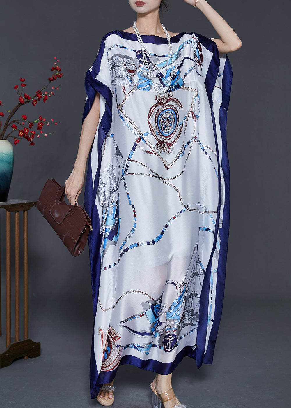 White Oversized Print Silk Maxi Dress Summer
