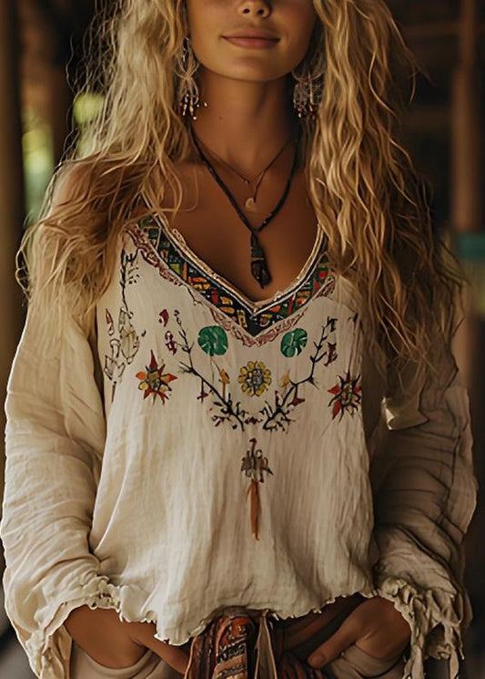 Beige V Neck Print Cotton Top Long Sleeve