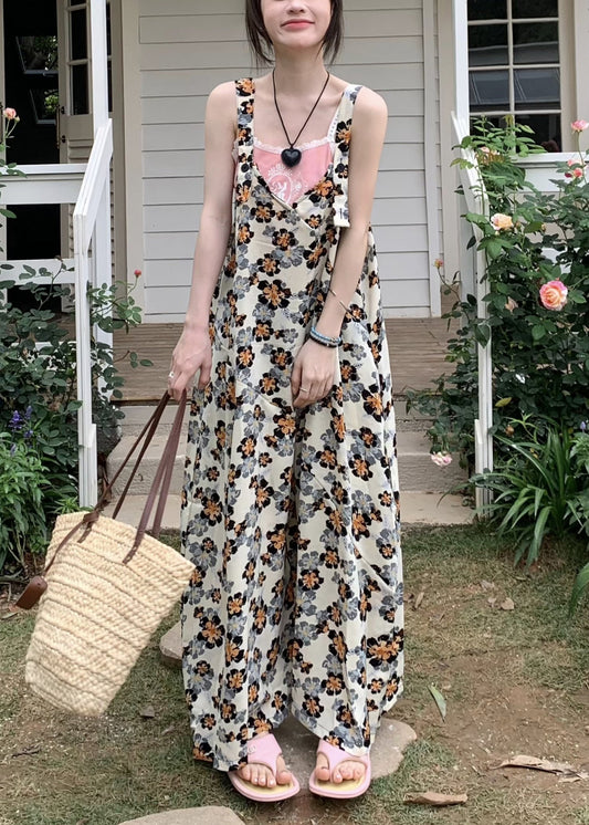 Yellow Print Cotton Sleeveless Wide Leg Jumpsuit V Neck