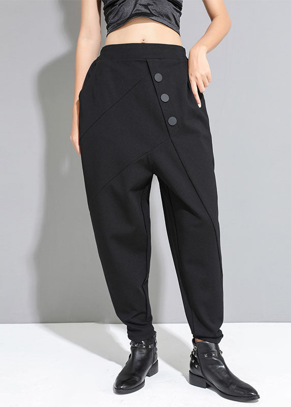 French Black Patchwork Pockets Button Fall Harem Pants