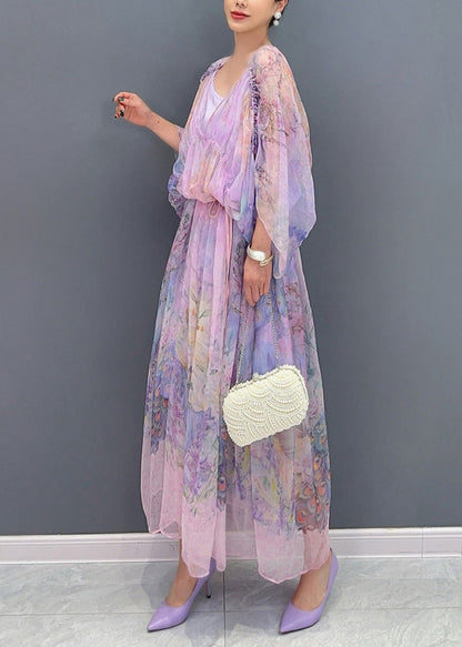 Lavender U Neck Print Patchwork Long Dresses Summer