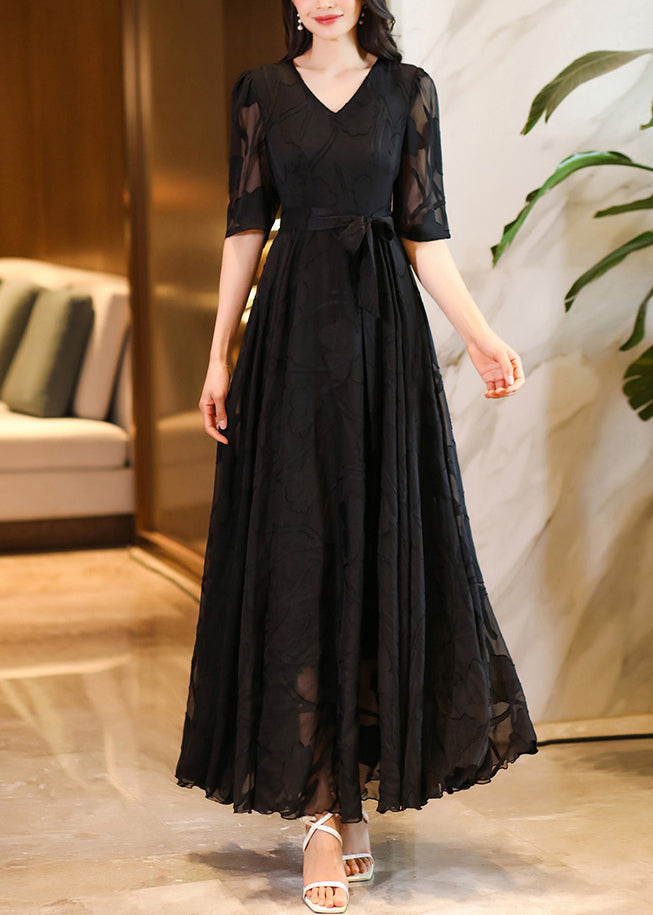 Black V Neck Tie Waist Chiffon Maxi Dresses Summer
