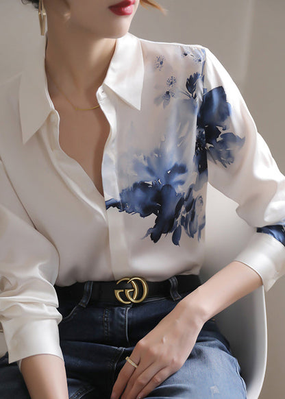 Fine White Peter Pan Collar Print Button Silk Shirt Long Sleeve