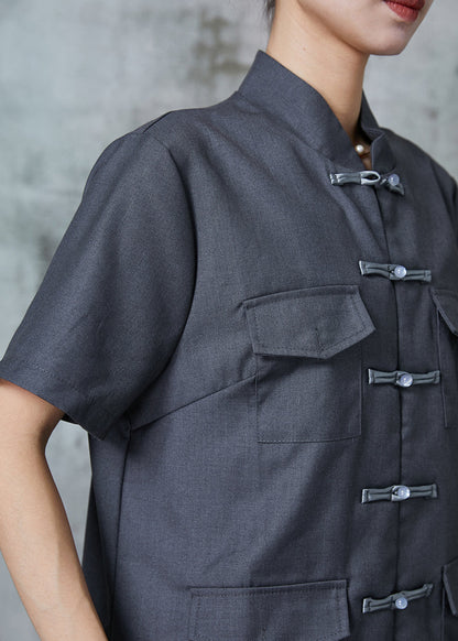 Grey Chinese Button Pockets Linen Dress Summer