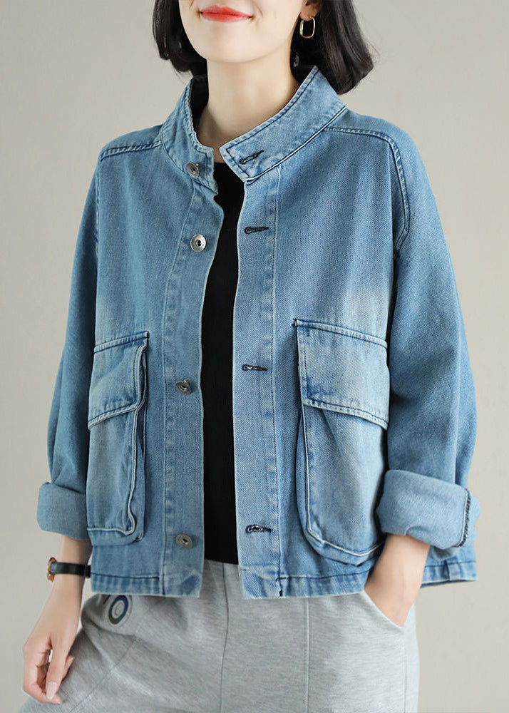 Blue Stand Collar Button Big Pockets Denim Coat Long Sleeve