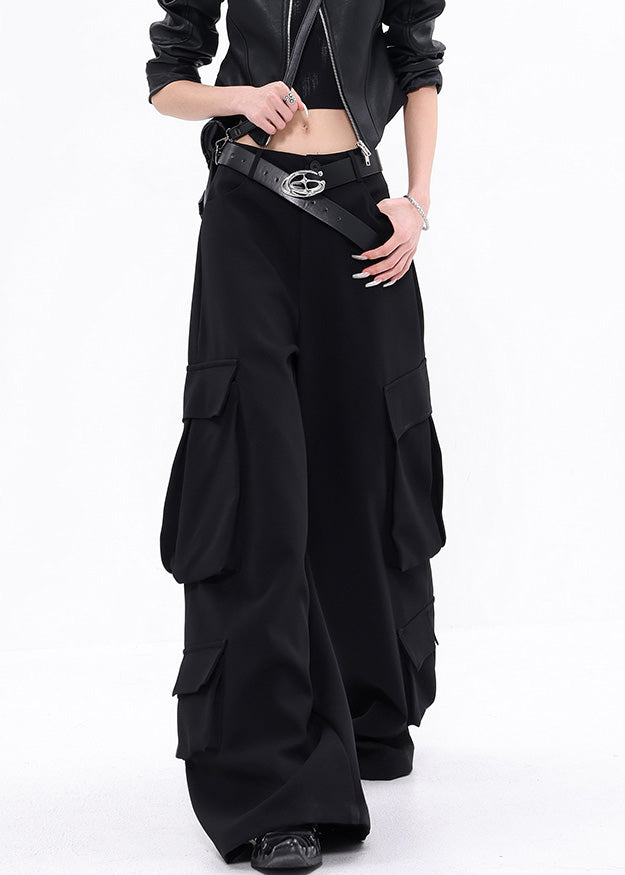 Black Pockets Cotton Wide Leg Pants Fall