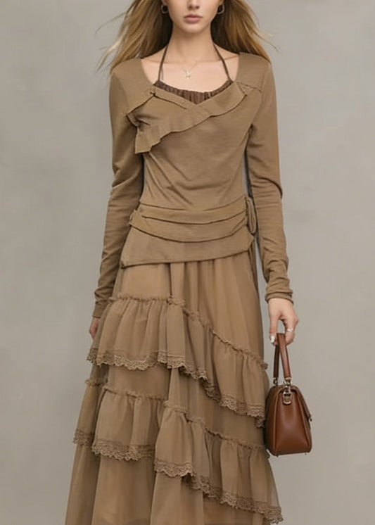 Unique Khaki Ruffled Lace Patchwork Tulle Dresses Spring