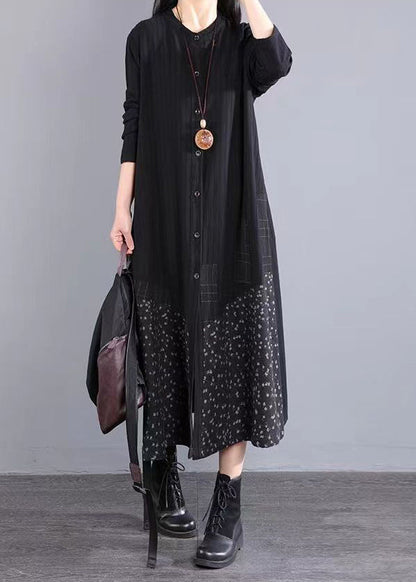 Black Stand Collar Button Patchwork Cotton Dress Fall