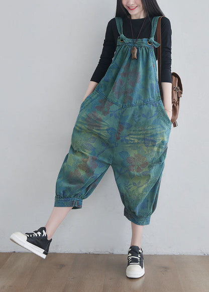 Blue Pockets Print Denim Jumpsuits Spring