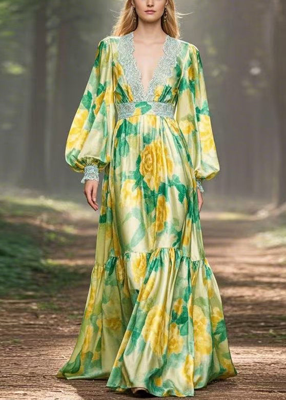 Green Print High Waist Silk Maxi Dress V Neck Spring