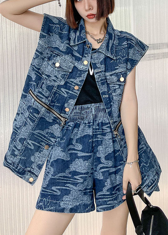 Denim Blue Loose Button Zippered Print Fall Two Piece Set Clothing Sleeveless