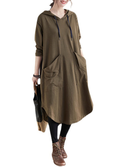 Khaki Hooded Pockets Patchwork Cotton Dress Fall