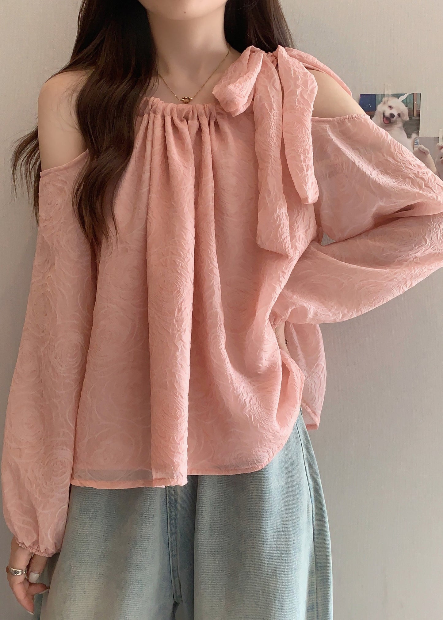 Pink Cold Shoulder Bow Chiffon Shirt Tops Fall